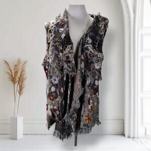 Anu Boho Embroidered Vest Wool Blend Fringe Artwear Lagenlook Draped M